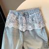 Damen Retro High-Waist Gewaschene Weite Bein Jeans mit Spitzenbesatz