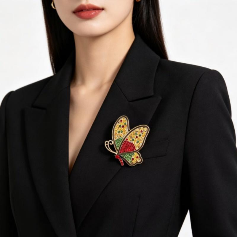 Shiny Rhinestone Butterfly Brooch Gold Plated Frame Red Green Crystals Perfect For Daily Wear Party Outfit