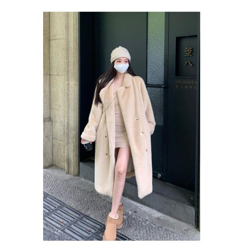 Mladý kabát z umělé norkové kožešiny Dámský nový zimní s podšívkou a bavlnou Zesílený dlouhý kabát