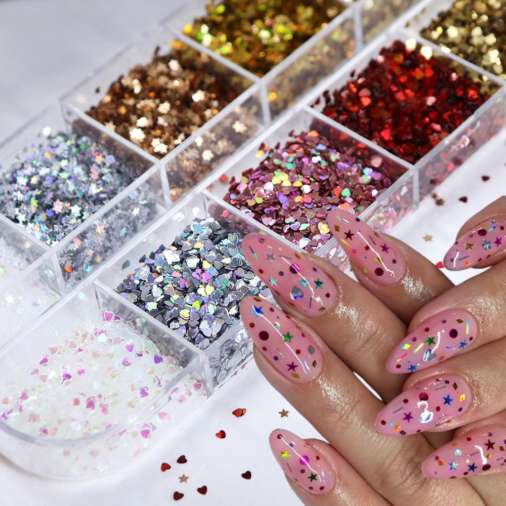 12Grids 3D Mini Heart/Star Nail Glitter Sequins 1mm Holographic Love Pentagram Flakes Sparkling Nail Art Decorations Paillettes