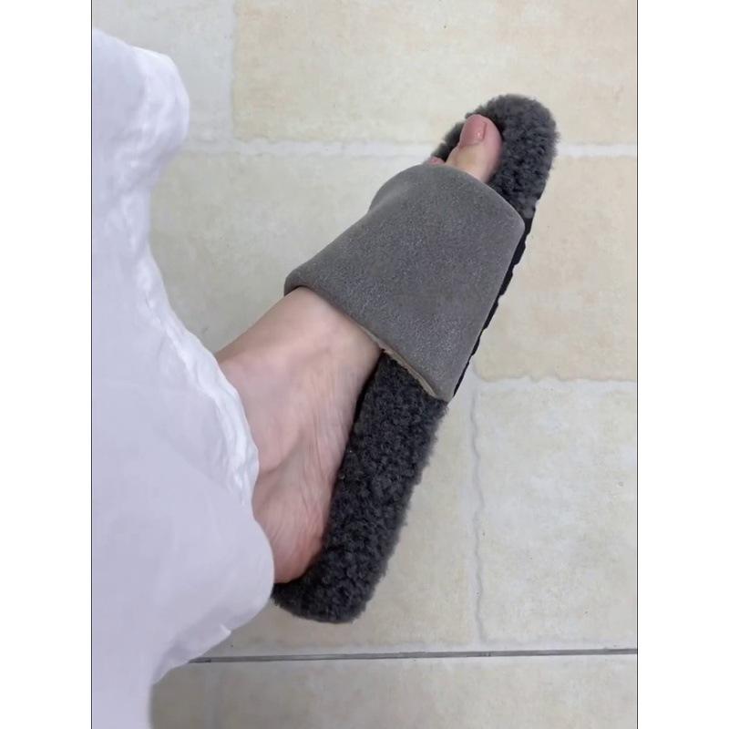 Sheepskin version~ New outer wear matte leather one-pedal fluffy shoes women's leather versatile thick-soled comfortable open-toed sandals
