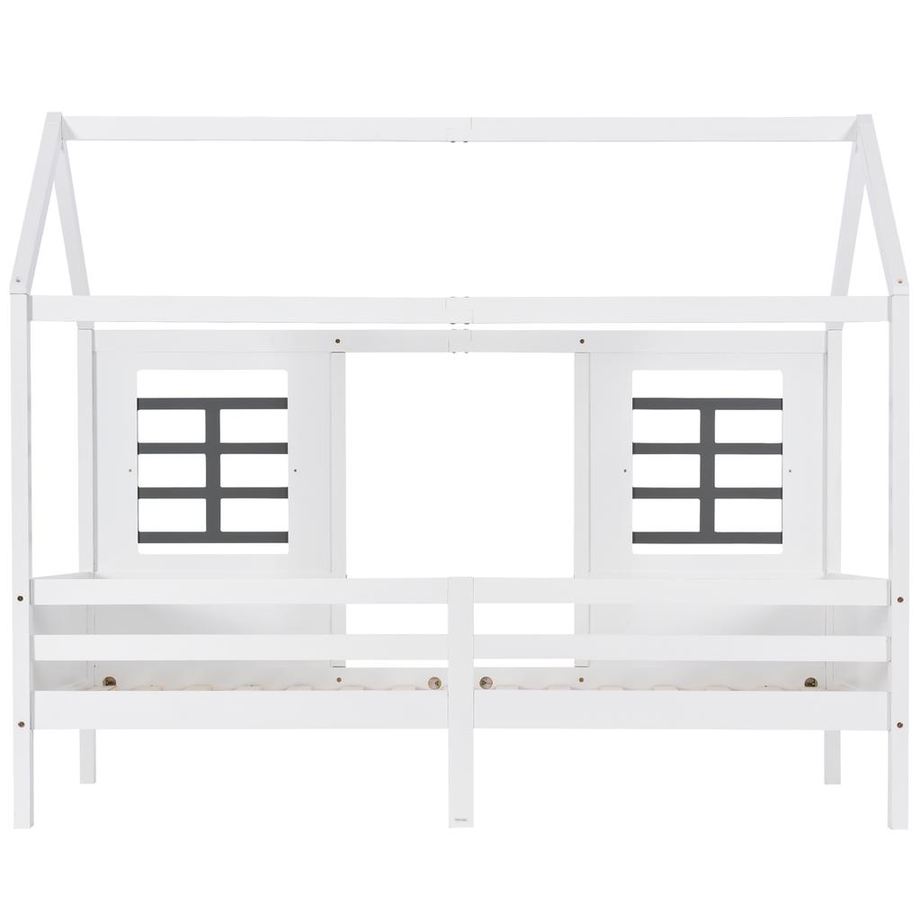 Letto a casetta con 2 cassetti, letto singolo, divano letto, letto per bambini con 2 finestre, struttura in pino, MDF, bianco (200x90cm)