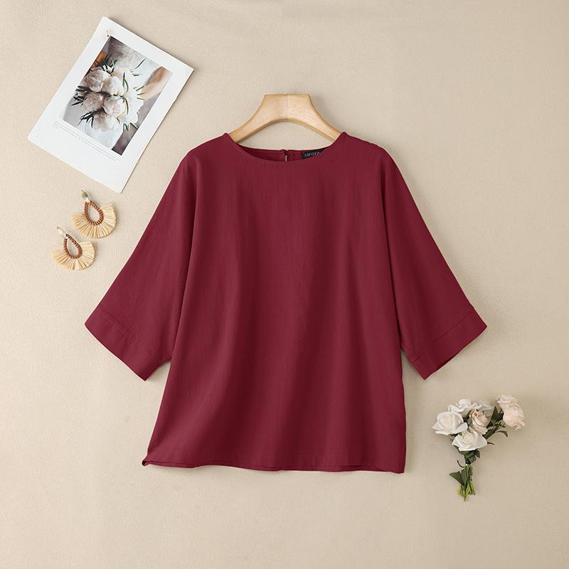 ZANZEA Damska codzienna bluzka z okrągłym dekoltem, luźna, letnia, z rękawem do połowy