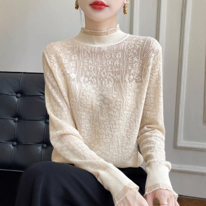 

spring autumn half high collar ruffles lace patchwork sweater women long sleeve casual all-match pullover top M бежевий
