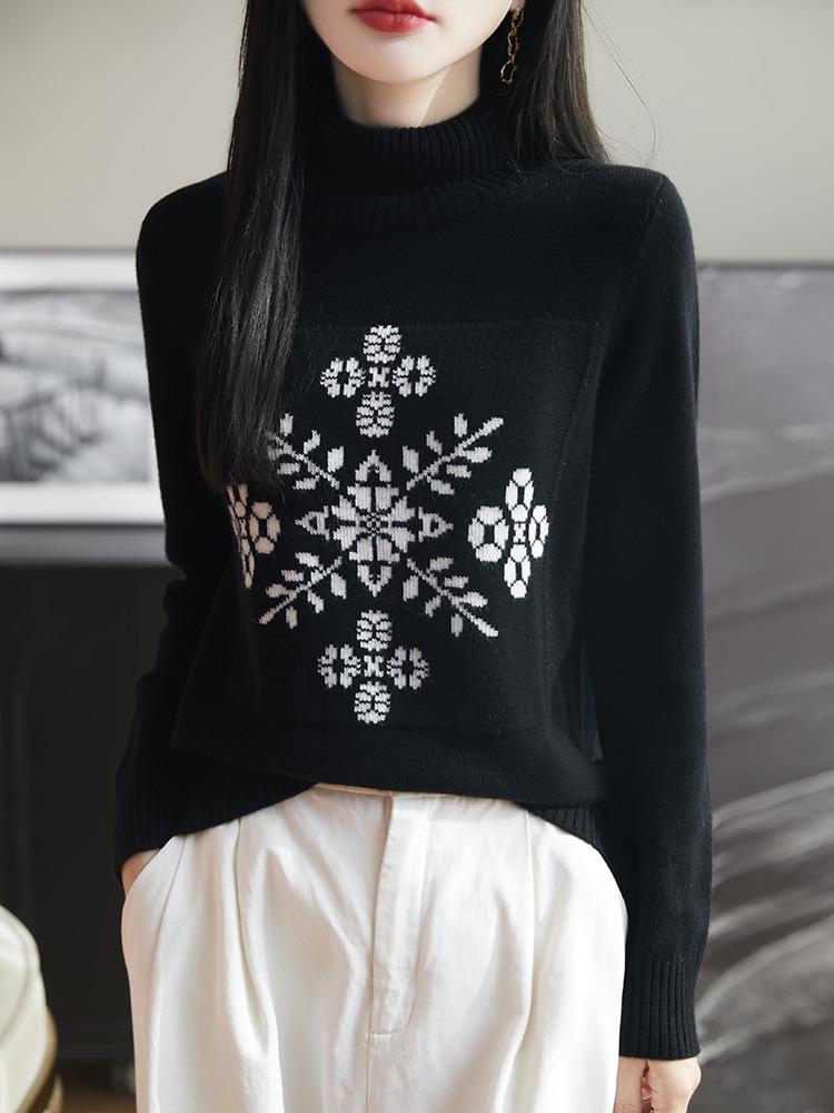 

Женский свитер с высоким воротом из чистой шерсти с цветными блоками - Осенне-зимний свободный вязаный топ с эдельвейсом XXL чёрный