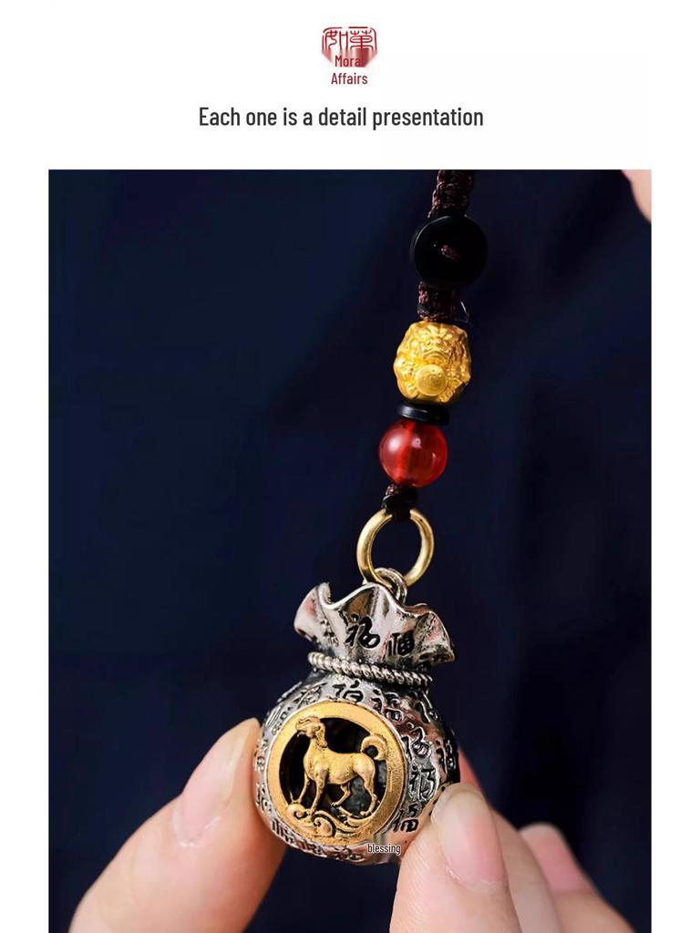 Twelve Zodiac Blessings Money Bag Keychain: Gold Snake Charm for Wealth & Treasure