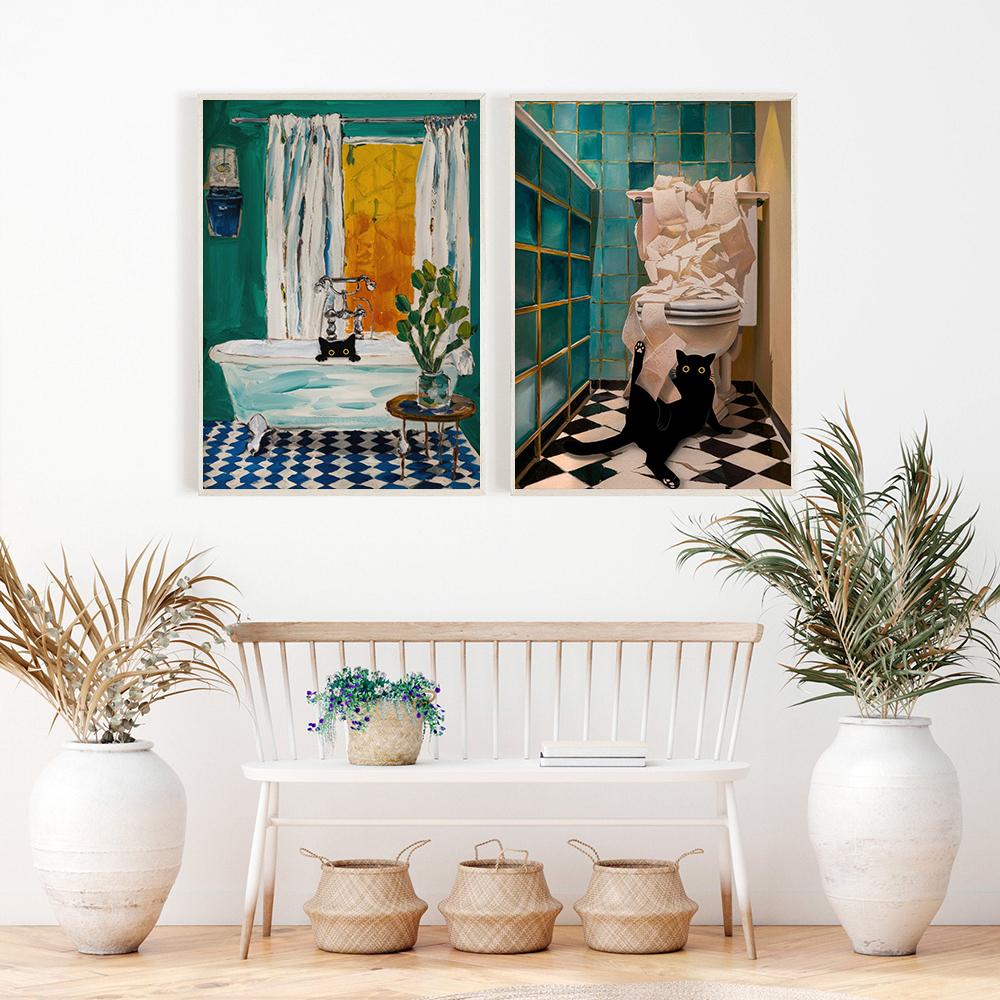 Bath Cat Print Peekaboo Funny Cat Pooping Matisse Painting Poster Wall Decor Toilet Bathroom Bathtube Wall Art Canvas Painting