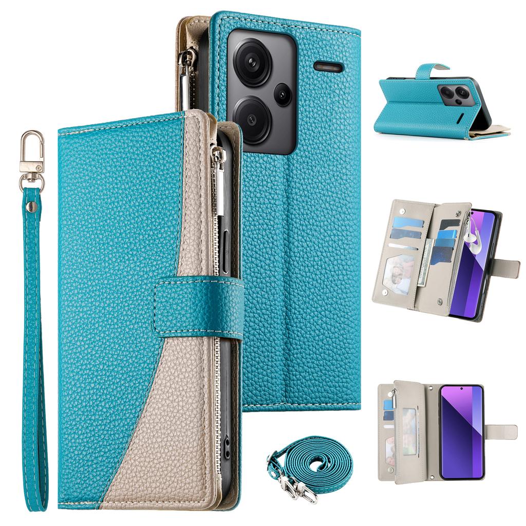For Xiaomi Redmi Note 13 Pro+ 5G Case Zipper Wallet Color Splicing Leather Flip Phone Cover with Straps