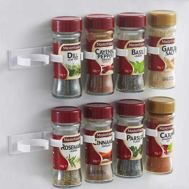 2PCS Spice Bottle Rack Kitchen Storage Rack Wall Mount Jars Holder Tools Plastic Clip Jar Rack Cabinet Door Hooks with Base
