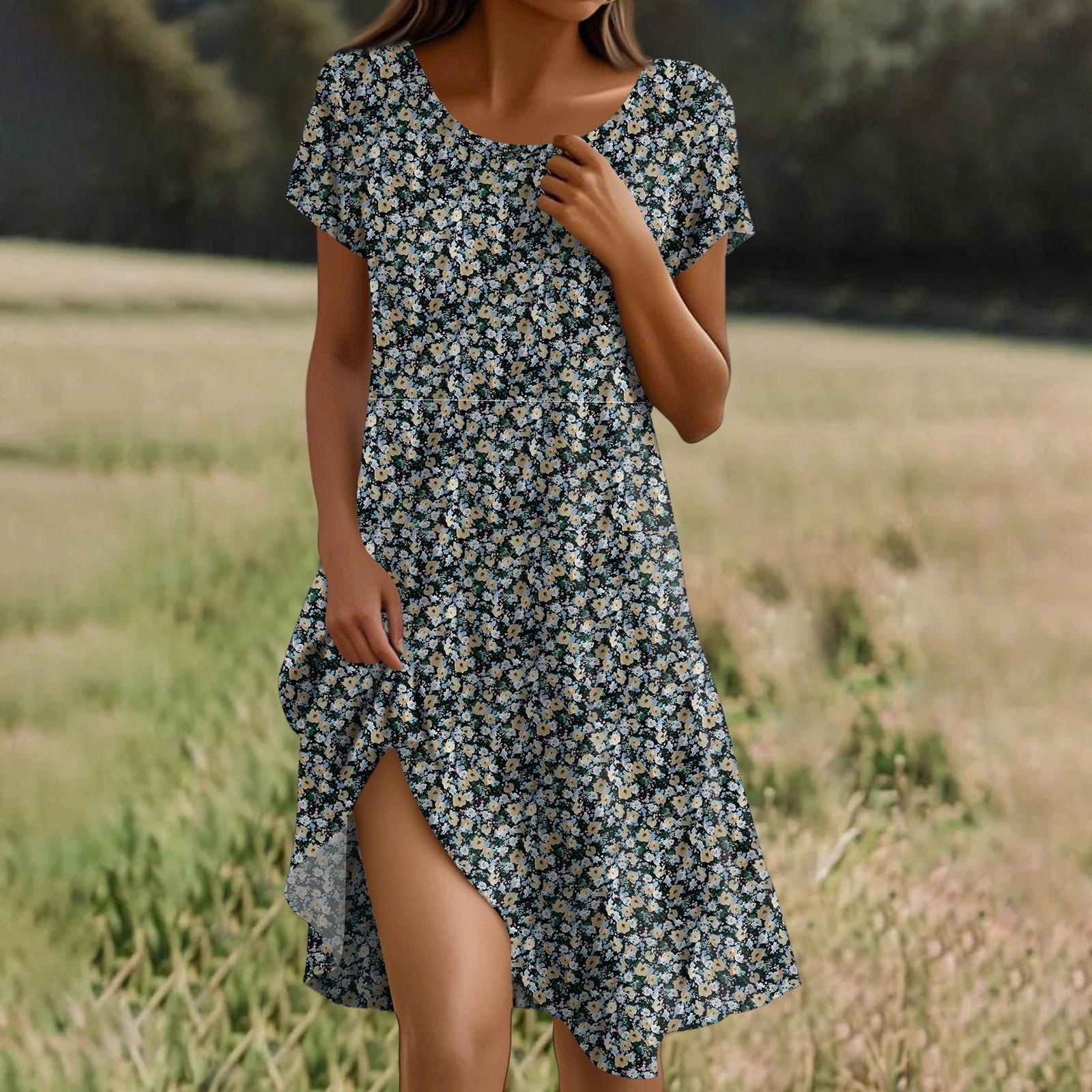 

Платье в стиле бохо с коротким рукавом для женщин, повседневное, свободного кроя, летнее, сарафан с цветочным принтом и карманами XL