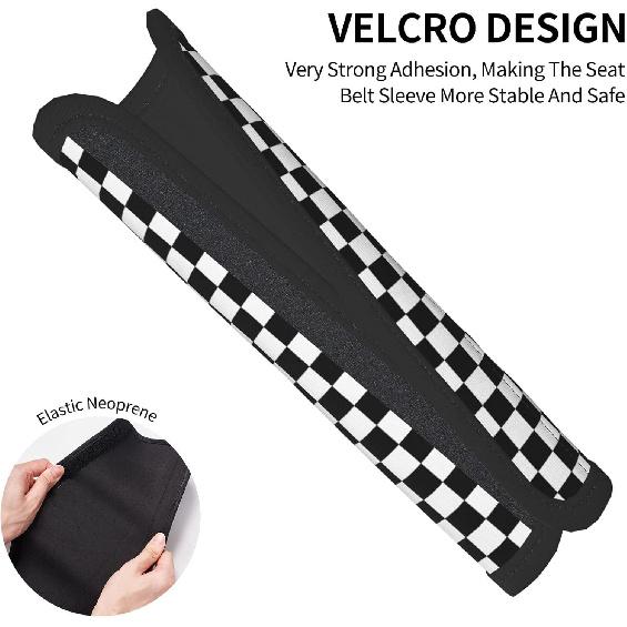 Black White Checkered Print Seatbelt Pads Fits Cars Trucks SUV Sedans Air Permeability Car Seatbelt Strap Cover, Racing Pattern Auto Interior