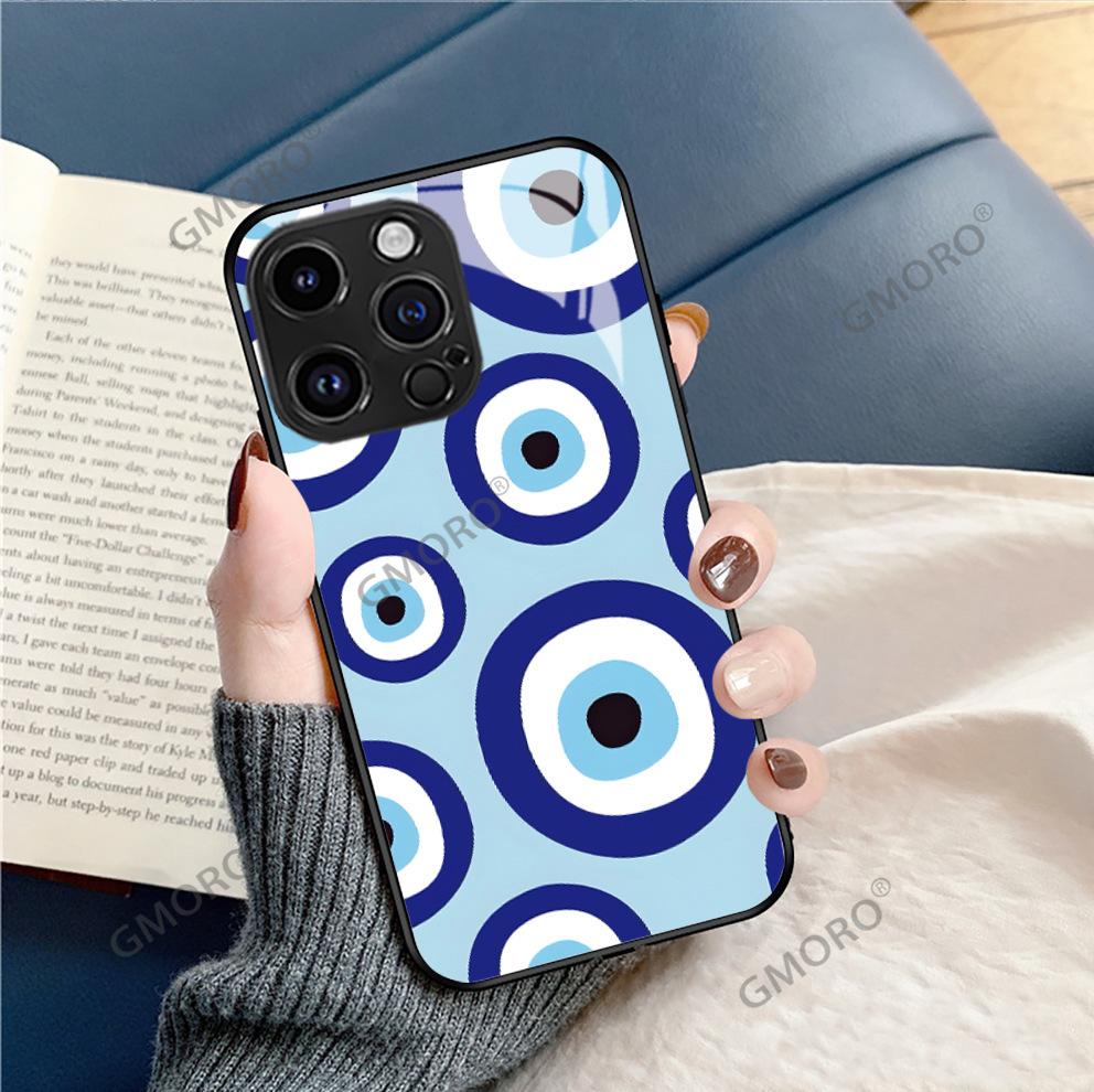 Hot-selling Lucky Blue Eyes for Apple 17pm Art Phone Case iPhone16 Glass All-inclusive Hard Case