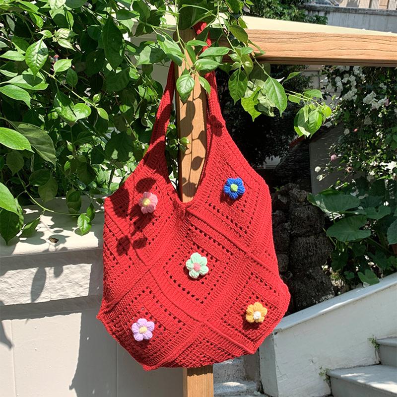 Yogodlns Summer New Hollow out Knitted Flower Tote Bag Single Shoulder Commute High-End Feeling Large Capacity Business Commuting