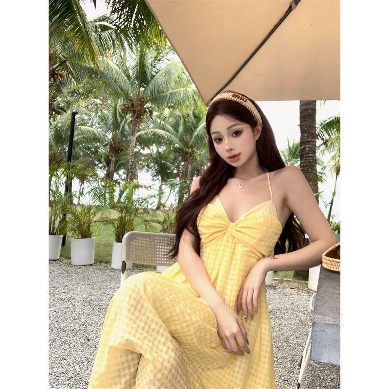Kumikumi Holiday Style Yellow Plaid Hanging Neck Dress Women Summer French style Age Reduction Frill Backless Long dress