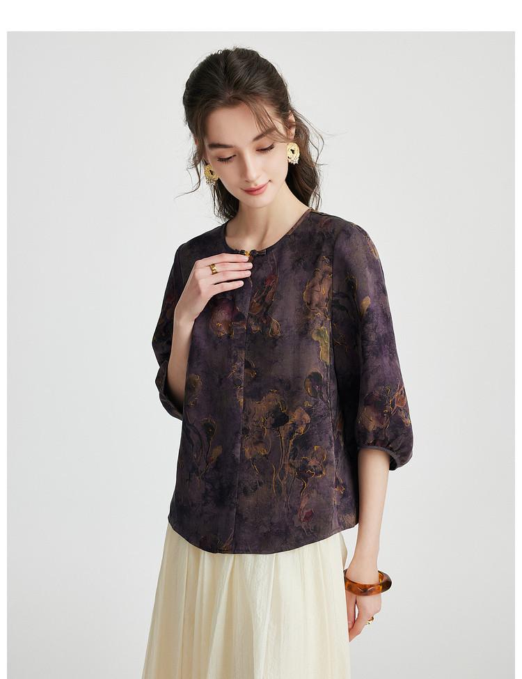 100% Mulberry Silk] Spring/Summer Round Neck Retro Printed Chinese Style Pan Buckle Loose Western Style Silk Shirt for Women
