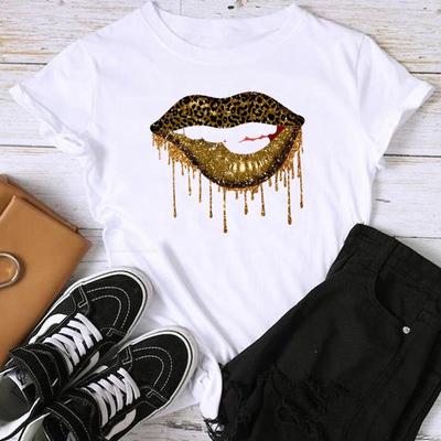 (Tamanho asiático) Moda Estampa Lábio Engraçado Tendência Bonito Adorável Estilo Gráfico Camiseta Feminina Casual T Roupas Casual Feminina Top Manga Curta Camiseta