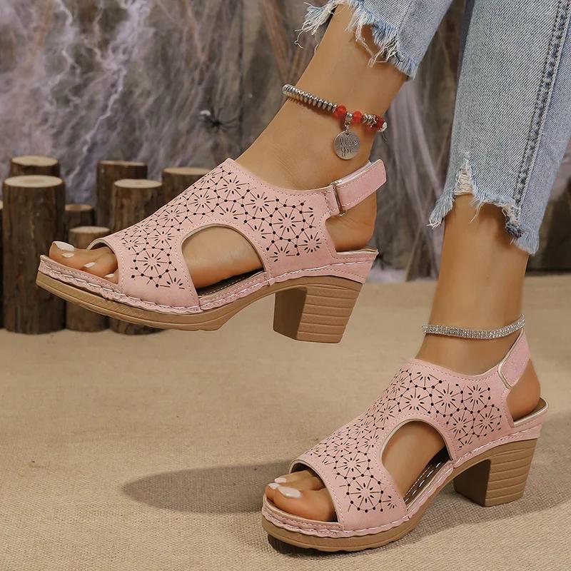 Fashion Hollow Out Women's High Heels Sandals Summer Hook Loop Thick Heeled Platform Sandles Casual Anti-Slip Beach Sandals Plus Size