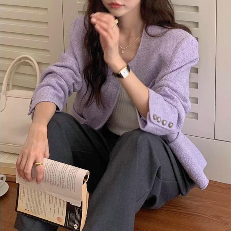 

Французский фиолетовый маленький ароматный жакет женский осенний новый ретро высокого класса с длинными рукавами свободный абрикосовый топ 2XL