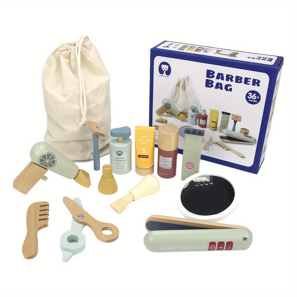 13pcs Wooden Hairdressing Set Youngsters's Hair Salon Toy Set, Wooden Makeup Toy Set, Individual Hair Style Toy, Boy Shaving Set