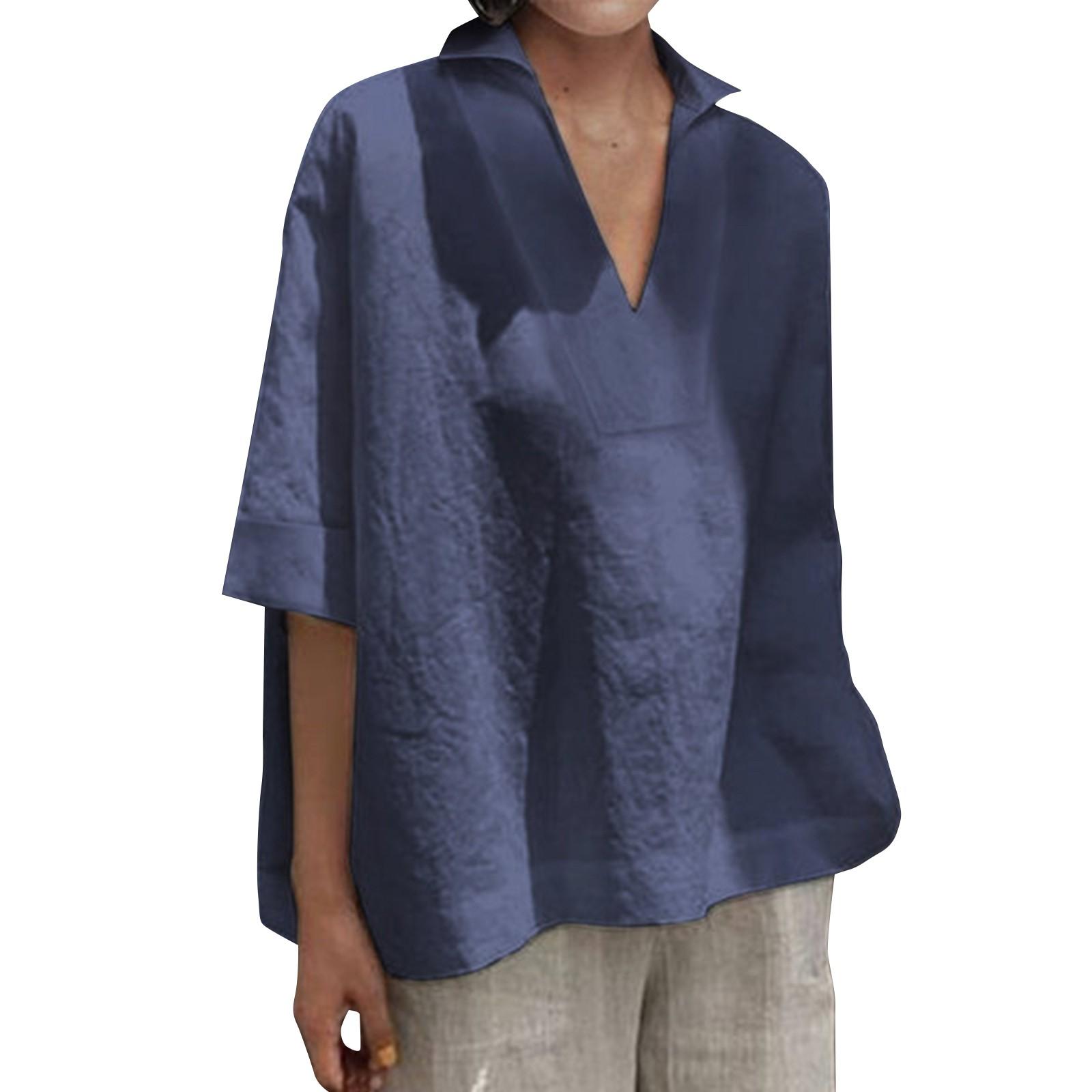 

Женская хлопково-льняная универсальная однотонная женская рубашка с v-образным вырезом и свободными рукавами L синий