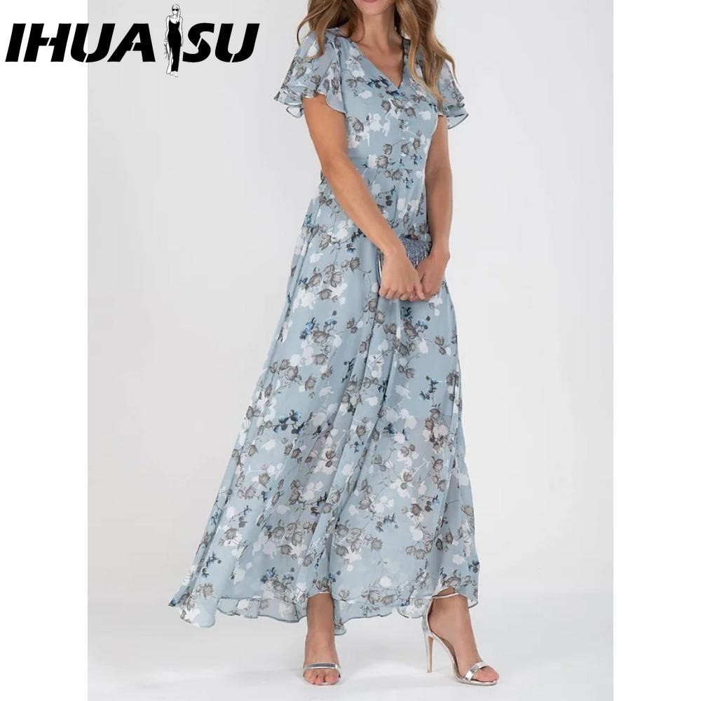 IHUASU Φόρεμα Μακρύ με Βολάν Λαιμόκοψη V 6 Χρωμάτων Κοντομάνικο Εφαρμοστή Μέση Ψηλόμεσο Αέρινη Ποδιά Χαριτωμένο Φλοράλ Σιφόν Φόρεμα Γυναικεία Ρούχα