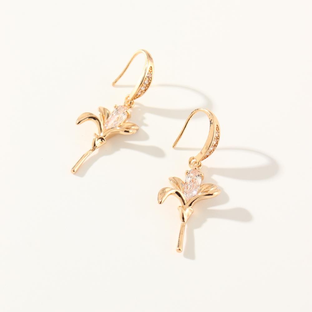 1 Pair Simple Flowers Zirconia Dangle Earrings for Women Golden Earring Jewelry Wedding Party Accessories