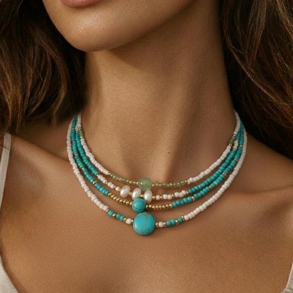 European, American Bohemian elegance temperament imitation turquoise imitation pearl rice beads beaded hand-woven collarbone necklace