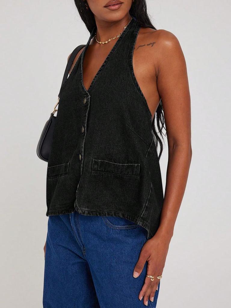 Women's Cropped Quilted Puffer Vest Stand Collar Lightweight Button Down Sleeveless Jacket