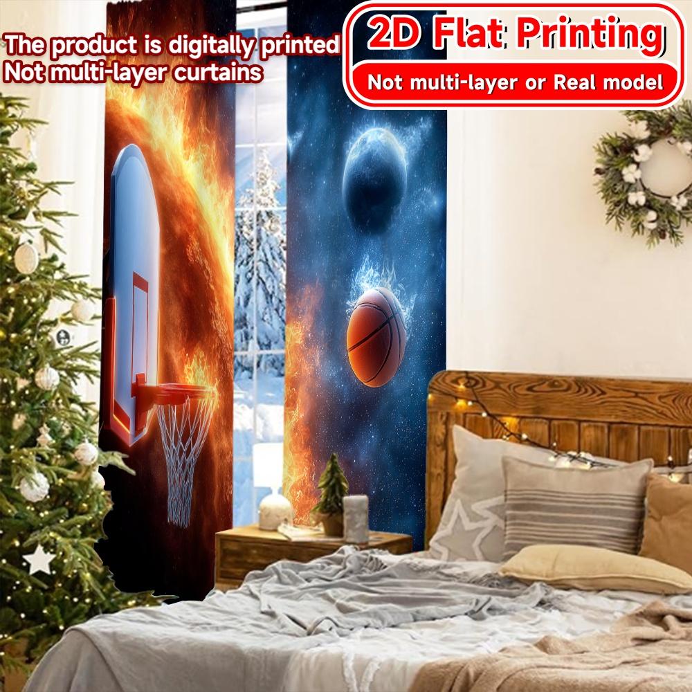 2D FLAT PRINTING 2pcs Curtains (Without Rod) Dynamic Basketball Universe Modern Fashionable Curtainments During the Ramadan