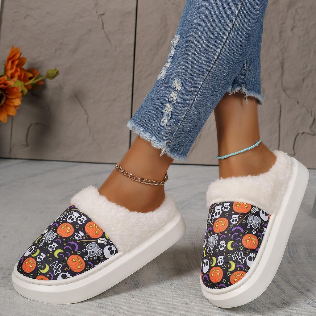 2024 New Halloween Pumpkin Skull Pattern Printed Strap Comfortable Home Cotton Shoes