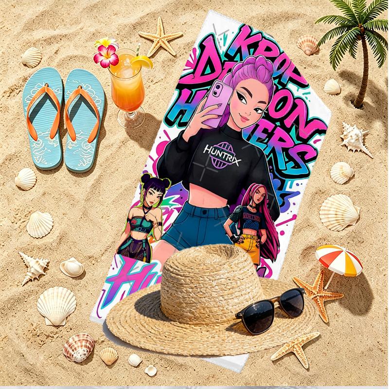 KPop Demon Hunters Print Beach Towel, Versatile Lightweight Absorbent Beach Towel for Pool Surf Yoga Bathroom, Perfect Birthday Holiday Gift