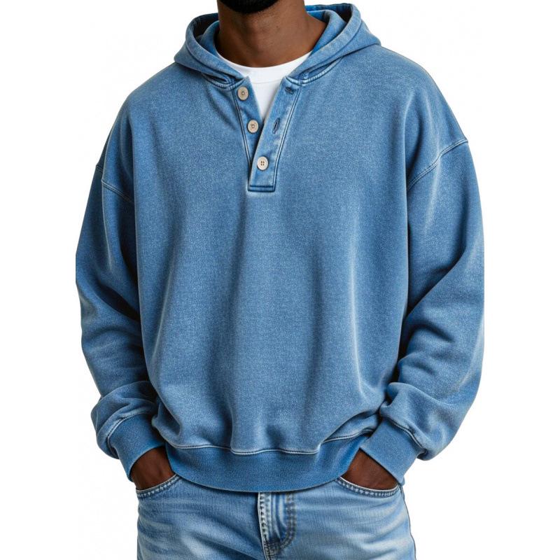 2025 European & American Men's Solid Color Hooded Sweatshirt - Three-Button, Loose Fit, Long Sleeve Jacket for Spring & Autumn