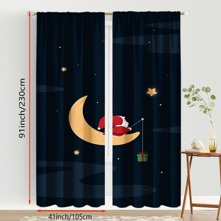 2PCS Digital Print Curtains, Dark Blue Night Sky Moon Santa Claus Fishing Gift Stars, Cute Minimal Cartoon Style - Christmas Hol