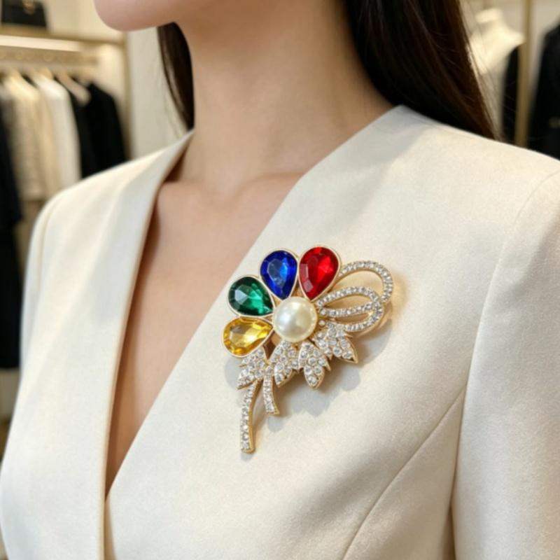 Women's Flower Brooch with Colorful Rhinestones and Elegant Plant Design for Parties