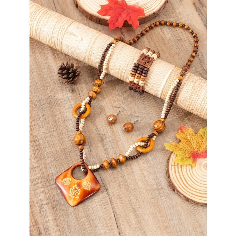 Boho Style Wooden Jewelry Set - 3pcs with Beaded Necklace, Earrings & Pendant - Versatile for Casual Attire & Gifting, Perfect for Spring Festival