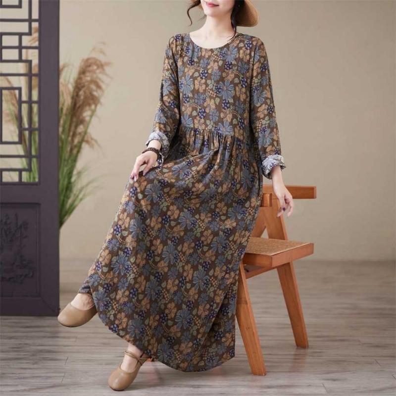 Printed Round Neck Loose Plus Size Long Sleeve Plus Cover Up Dresses