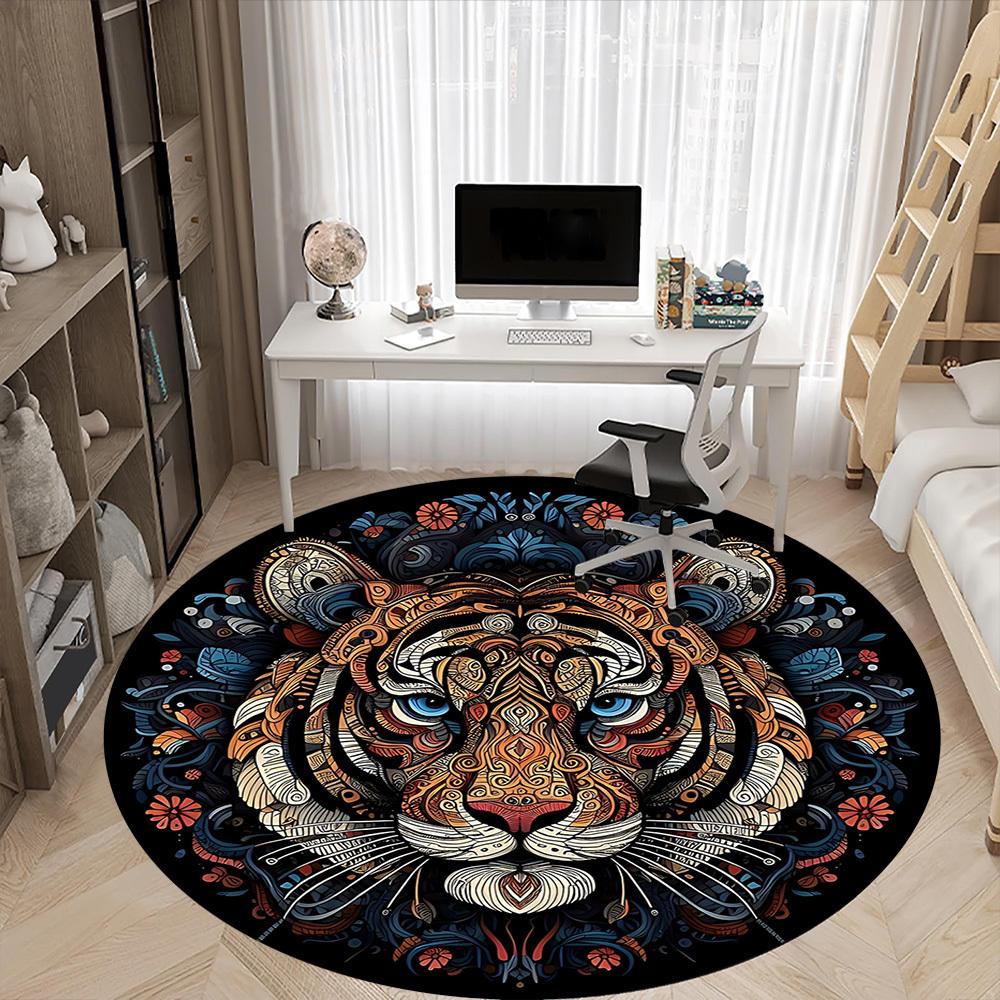 1pc Tiger Mandala Office Round Area Rug, Indoor Mat Suitable For Office, Under Office Chairs Bedroom Living Room Home Decor, Room Deco