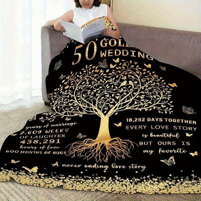 50th Anniversary Gift Blanket for Couples - Golden Wedding Keepsake Flannel Throw with Heartfelt Messages & Butterfly Tree Desig 130x150cm