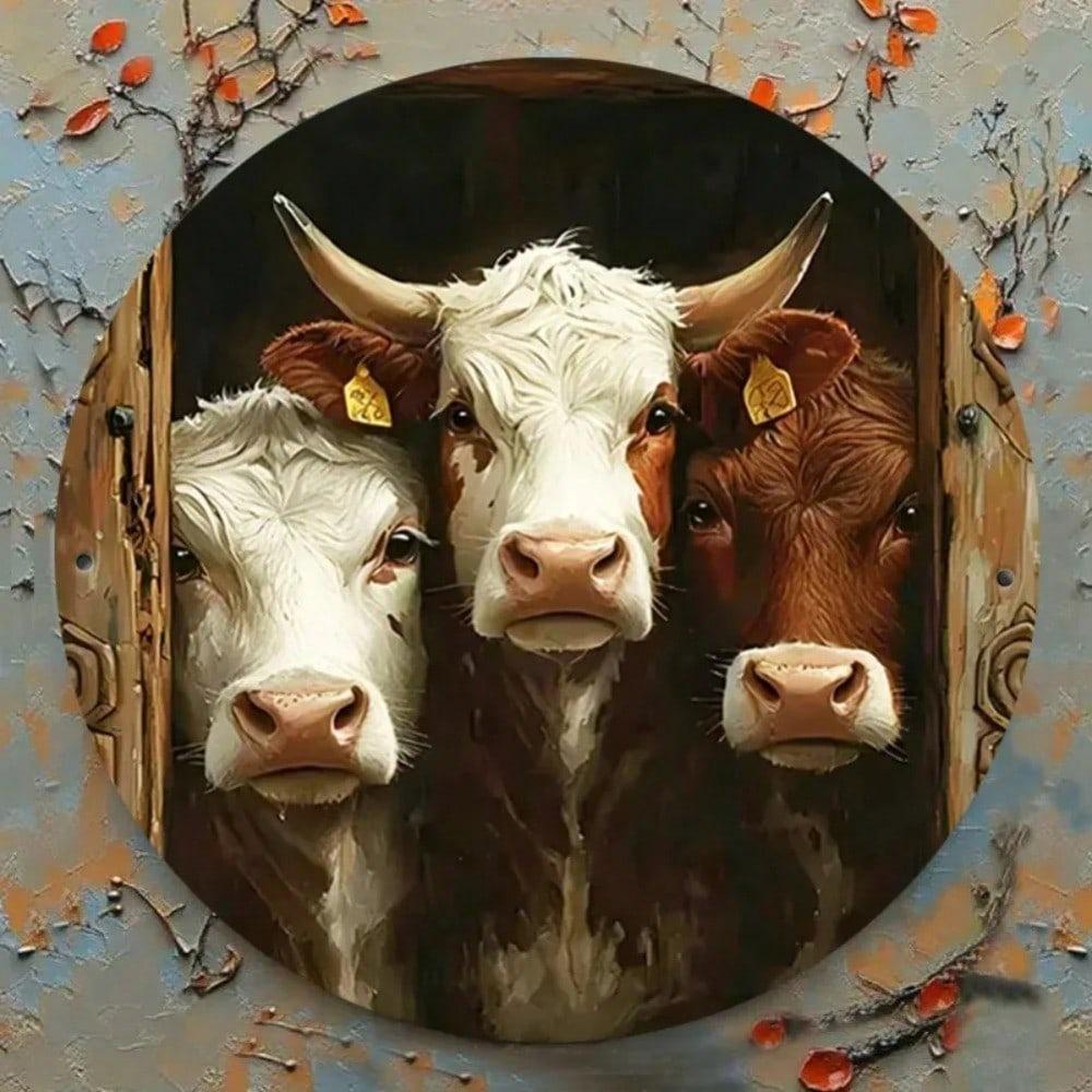 Round Cow Metal Wall Art Easy Hang Rustic Home Decor Farmhouse Office Cafe Bar Halloween Kitchen Bathroom Bedroom Living Room