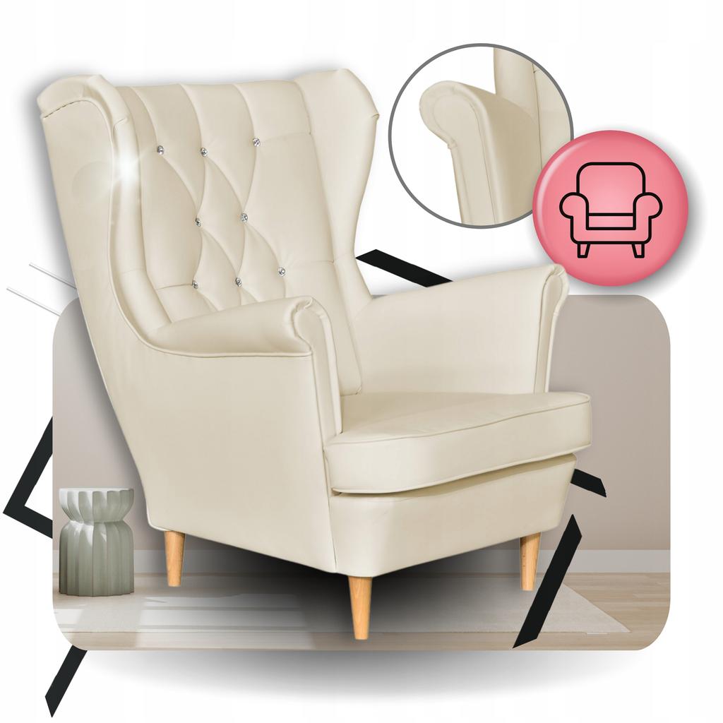 Armchair Uszak Eco Leather Gaja with Footrest Scandinavian Family Furniture Beige Cream