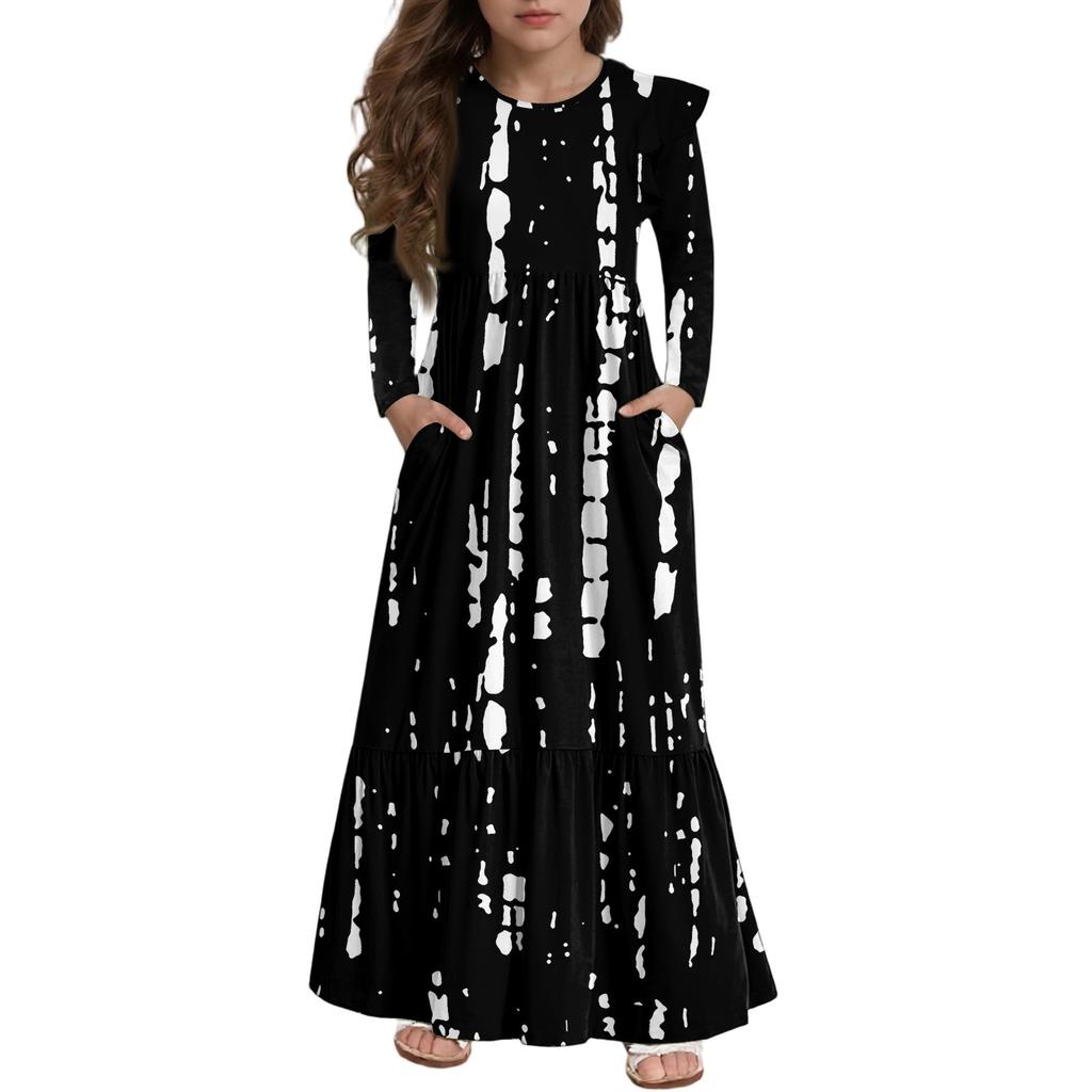 Dívčí vrstvené volánové šaty - Maxi s dlouhým rukávem a potiskem s kapsami