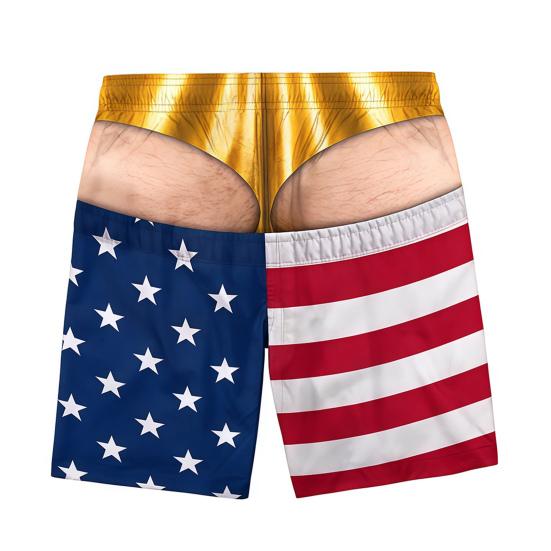 Activewear for Water Sports Men Hairy Booty Shorts, 3D Butt Print Beach Elastic Waist Board Shorts Funny Patriotic Swim Trunks Summer Vacation