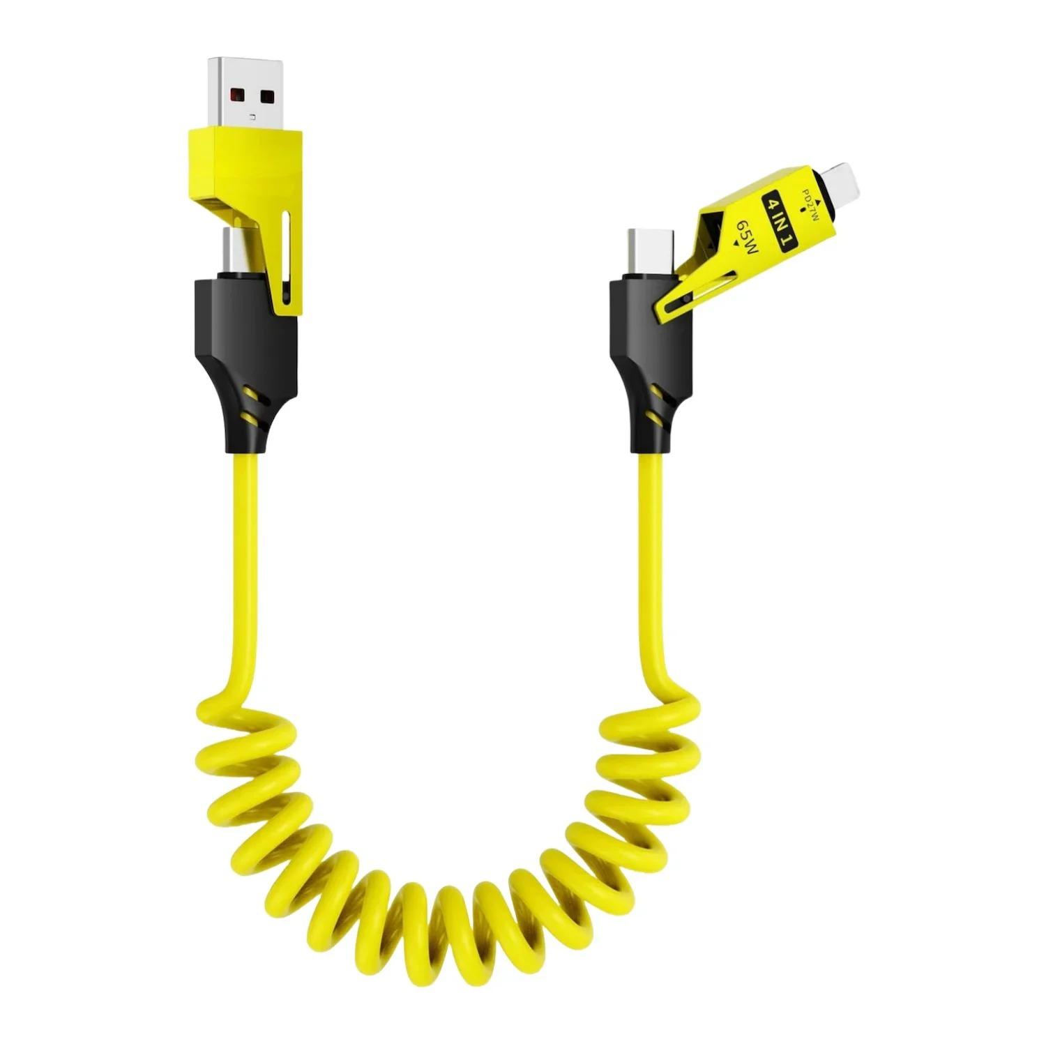 

Retractable Spring Charger 4-in-1 Fast Charging Cable 65W USB-C PD 1.2m for iPhone iPad Android Laptops жёлтый