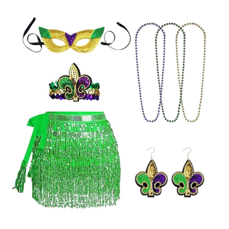 

Carnivals Costume Set with Glitters Mask Elastic Bracelet and Beaded Skirt for Festive Dance Parties Stackable Chains 1 зелёный