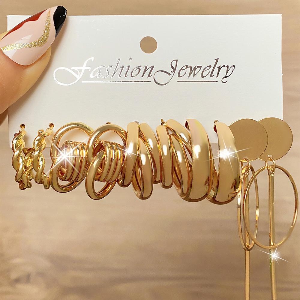 10 Piece Set European American Metal Earrings Round Ring Earrings Exquisite Temperament Earrings Fashionable Earring Set