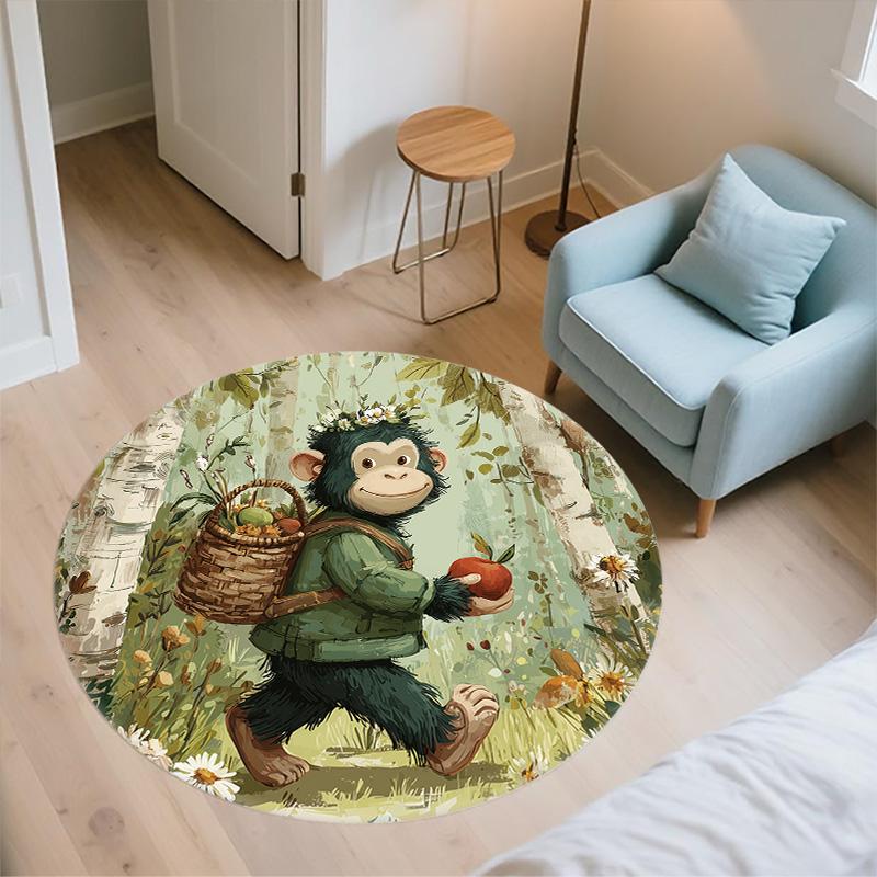 Forest Flower Basket Animals,Round Area Rug,Carpet Rug for Living Room Bedroom Sofa Playroom Decor,Non-slip Floor Mat