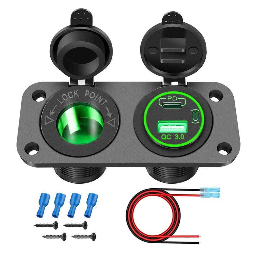 12V Cigarette Lighter Socket Quick Charge PD QC3.0 USB Charger Power Outlet with Button Switch for Car Boat Marine RV Golf Cart