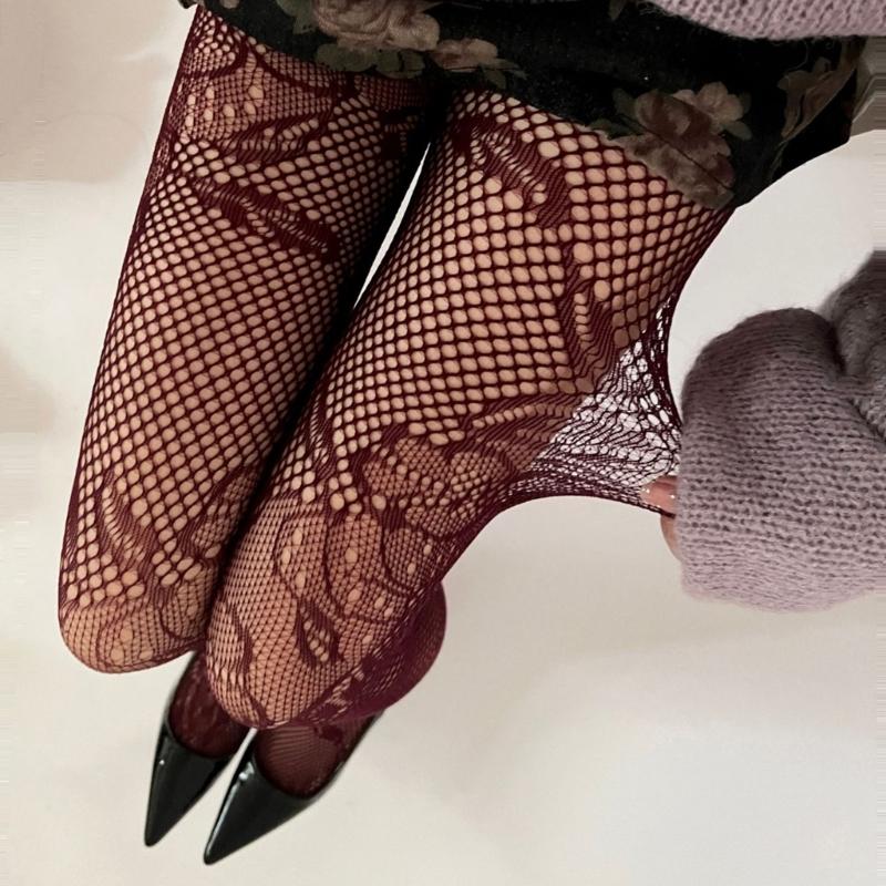 Korean Elegant Mesh Net Tights Hollowed Out Flower Pattern Stretch Full Length Stockings Fishnet Pantyhose for Women