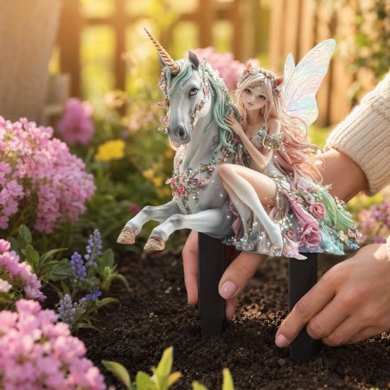 Unicorn Fairy Garden Stake, 2D Acrylic Yard Art Stake, Waterproof Flower Fairy Outdoor Decoration for Lawn Planter Flower Bed