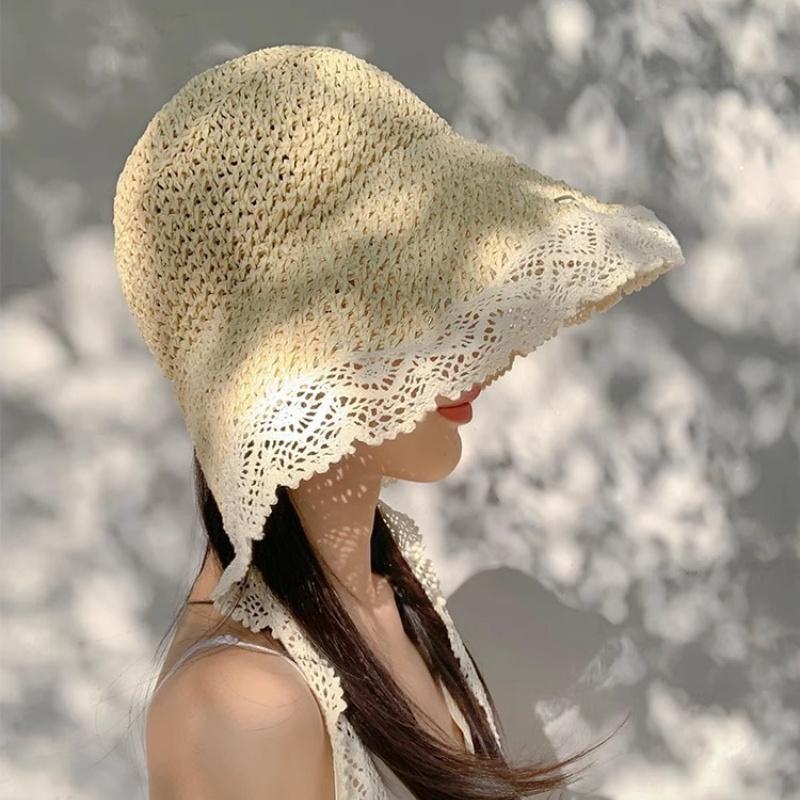New Women'S Lace Sun Hat Wide Along The Beach Hat Summer Straw Hat Folding Sun Hat Head Women'S Beach Uv Protection Hat